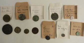 Ten Roman/ ancient coins, each catalogued in envelopes with separate written description, together