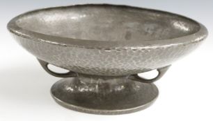 Arts and Crafts hammered Tudric pewter pedestal dish with loop supports, impressed 'Tudric 01349' to