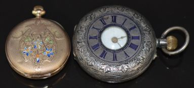 Two keyless winding ladies pocket watches, one 9ct gold open faced with engraved and enamel