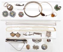 A collection of jewellery including silver bangle, silver rings, micro mosaic brooches, pearl
