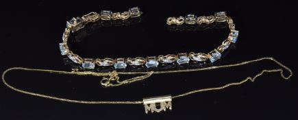 A 9ct gold bracelet set with topaz and diamonds and a 9ct gold necklace, 10.2g