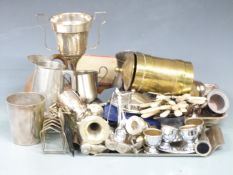 Collection of silver plated and metal items including toast rack, 1946 brass stein, copperware,
