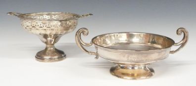 George V hallmarked silver pierced twin handled pedestal bowl or bonbon dish, width 13cm together