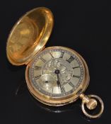 Unnamed 18ct gold keyless winding full hunter pocket watch with inset subsidiary seconds dial, blued
