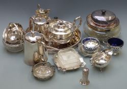 Silver plated ware to include galleried circular tray, tea ware and sauce boat