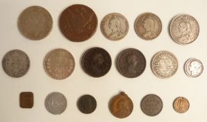 A small interesting group of coins and tokens etc, George III, Victoria and a Russian 1765 five