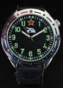 Russian tank commander's military style wristwatch with luminous hands, green Arabic numerals, black