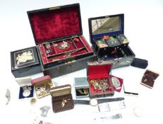 A collection of costume jewellery including brooches, jewellery box, cufflinks including silver,