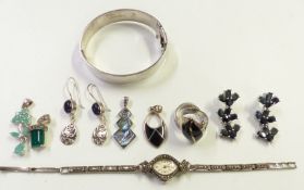 A collection of silver jewellery including bangle, earrings, watch set with marcasite, pendants,