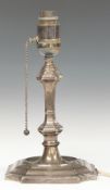 Mappin & Webb hallmarked silver table lamp of similar form to a candlestick, with square base having