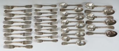 Victorian canteen of fiddle and thread pattern silver cutlery comprising six table spoons, London