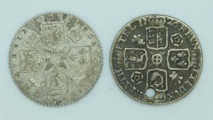 George III 1787 sixpence, EF, together with a George I 1726 pierced example
