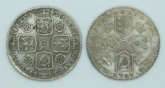George II 1743 shilling old head, roses in angles reverse, together with a George III 1787