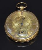 Unnamed 18ct gold open faced pocket watch with subsidiary seconds dial, blued beetle and poker