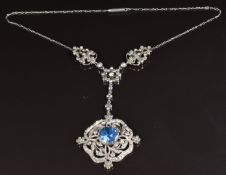 A c1900 silver continental necklace set with foiled blue and clear paste, 50cm long
