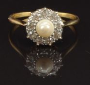 Victorian ring set with a natural pearl surrounded by old cut diamonds, size R, 3.3g