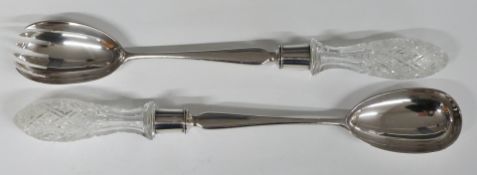 Pair of Victorian hallmarked silver cut glass-handled salad servers, London 1886, maker John