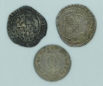 Charles I two pence (half groat) together with Charles II restoration period 1660-1714 half groat