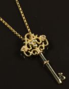 Clogau 14k gold key pendant set with three diamonds on 9ct gold Clogau chain, in original box with