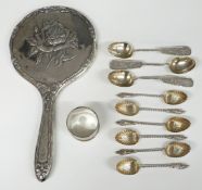 Three Chinese white metal spoons with maker's mark MC85, length 13cm, set of six hallmarked silver