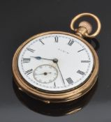 Elgin 9ct gold keyless winding open faced pocket watch with inset subsidiary seconds dial, blued