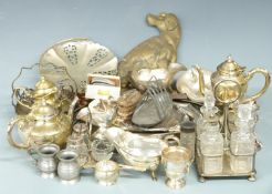 Collection of silver plated and metal ware including a four division cruet, pedestal baskets,