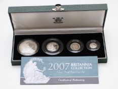 Royal Mint 2007 UK four coin silver proof Britannia collection, in deluxe case with certificate