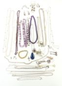 A collection of jewellery including silver, necklaces including amethyst and pearl etc