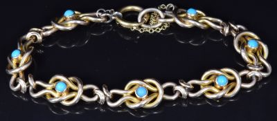 Edwardian yellow metal knot bracelet set with turquoise, 13.2g