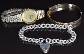 Gucci ladies wristwatch, rolled gold bangle and a silver curb link bracelet