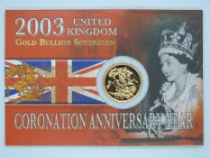 2003 gold full sovereign in Royal Mint Gold Bullion Coronation Anniversary Year presentation pack