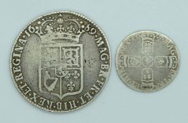 William and Mary 1689 half crown, together with a William II 1697 sixpence