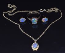 A 9ct gold ring set with an opal triplet, size Q, 2.3g, with similar pendant and earrings