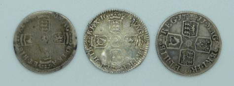 William III 1696 sixpence Exeter Mint, together with a 1697 example and a Queen Anne 1711