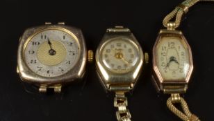 Three 9ct gold ladies wristwatches including one Binatone with yellow metal part bracelet and one
