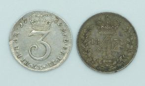 George III 1762 Maundy three pence, together with a William IV  1831 Maundy fourpence