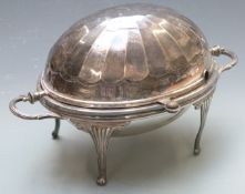 Silver plated twin handled food warmer with revolving lid, width 38cm