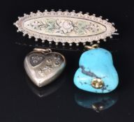A 9ct rose gold heart locket, Birmingham 1904, a 9ct rose gold brooch, Birmingham 1904 and a