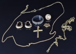 A 9ct gold chain, pair of 9ct gold earrings, 9ct gold cross etc, 5.3g