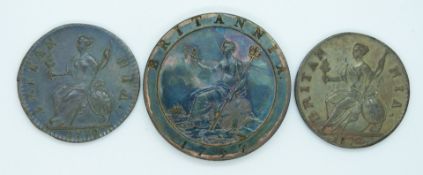 George III trio of copper coins comprising 1797 cartwheel penny, EF with burnishing, 1772