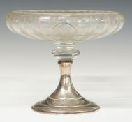 American white metal footed cut glass tazza or pedestal bowl, marked to underside Hawkes Sterling,