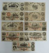 Nine State of Florida early 1860s banknotes comprising one dollar,  two dollar, 2 x 3 dollars, 2 x 5