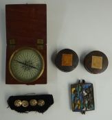 19thC wooden cased compass, two tartanware boxes, set of four buttons with applied rampant lions and