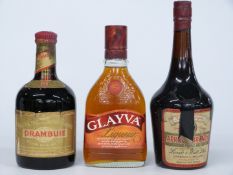 Drambuie Whisky liqueur 70 proof, Lamb and Watt Ltd, Apricot Brandy 24 1/3 fl oz 42 proof and a