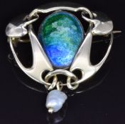 Archibald Knox gold brooch set with blue and green enamel and a drop pearl, 2.9 x 3.8cm, 7.7g (pg