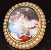 Victorian brooch set with an enamel plaque depicting two young girls, within a border of split