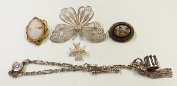 A silver fob chain and brooches including filigree, micro mosaic and cameo examples