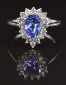 A 14k white gold ring set with a pear cut tanzanite surrounded by diamonds, size M, 3.2g