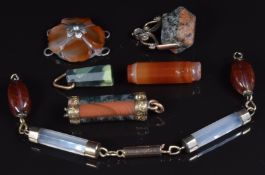 A group of Victorian agate including charm, section of bracelet and a swivel fob