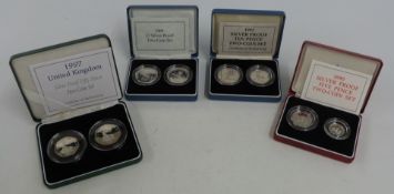 Four Royal Mint silver proof paired cased coin sets comprising £2, 50p, 10p, 5p examples, all with